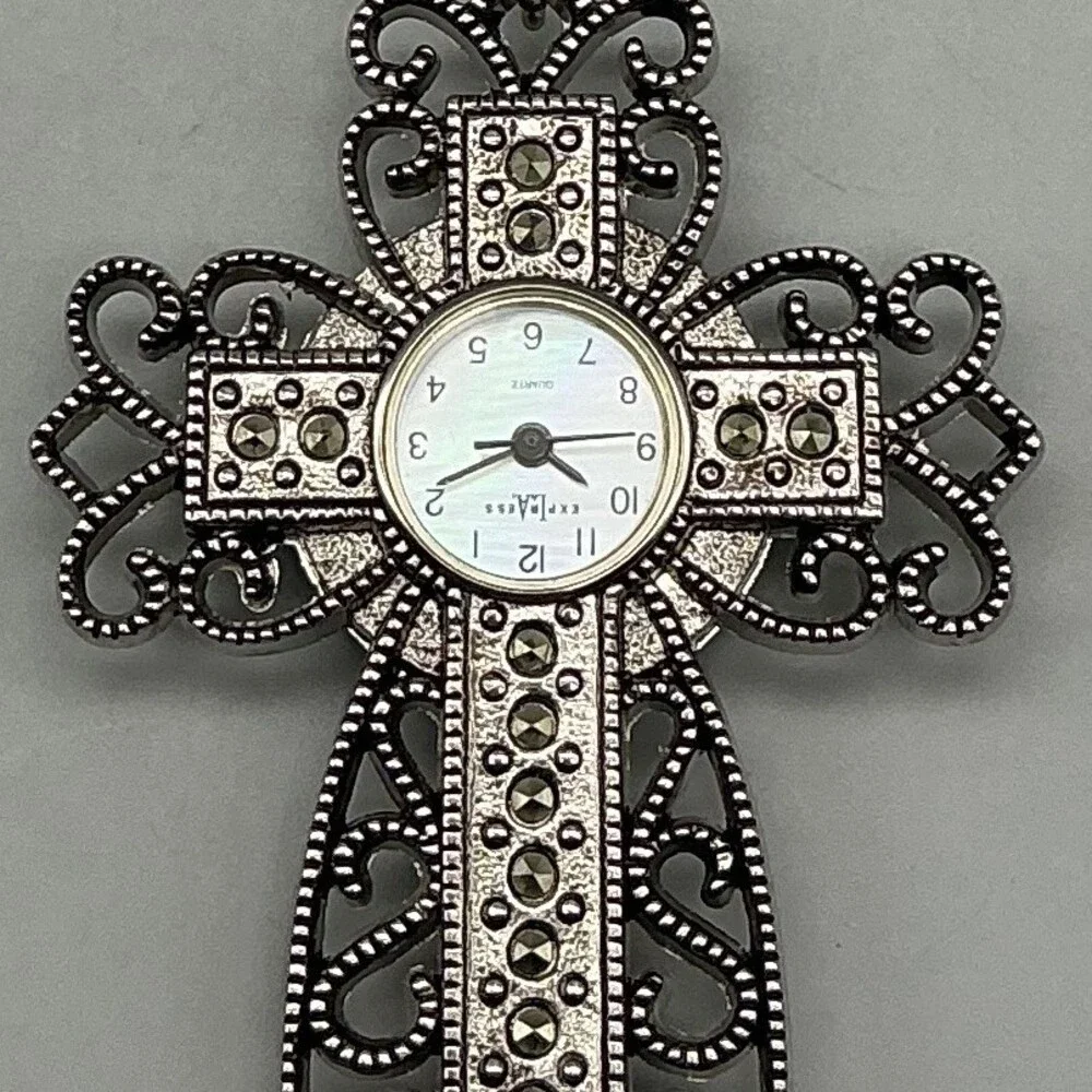LA Express Womens Watch 44mm Cross Pendant Necklace Silver Tone New Battery